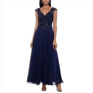 Xscape Womens Navy Embellished Evening Dress Gown 10P NWT